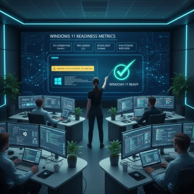 Team of analysts in a futuristic command room review Windows 11 readiness metrics on a large screen. Team of analysts in a futuristic command room review Windows 11 readiness metrics on a large screen.