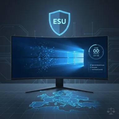 Futuristic cyber-security setup with a curved monitor, Windows desktop, and an ESU shield logo above.