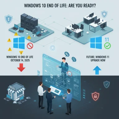 Split infographic contrasts Windows 10 end of life with Windows 11 upgrade, highlighting IT security planning.