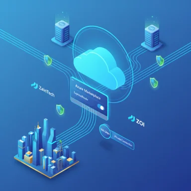 Isometric cloud network illustrating Azure Marketplace, data centers, and secure private connections.