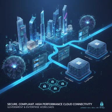 Neon futuristic cityscape connected by secure cloud networks and data centers.