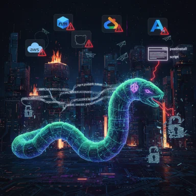 A glowing digital serpent winds through a neon city, surrounded by cloud icons and security warnings.