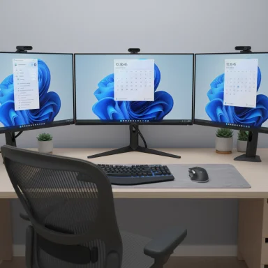 Triple-monitor computer desk setup with keyboard, mouse, webcam, and small potted plants.