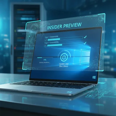 A laptop displays a futuristic holographic “Insider Preview” update screen with progress bars.