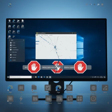 A widescreen monitor on a blue background displays Windows desktop with a cracked screen and stop signs.