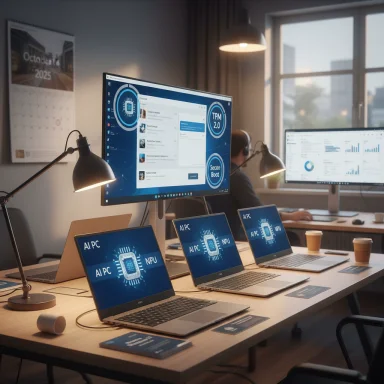 Modern tech office with multiple laptops displaying AI PC visuals and a large central monitor.