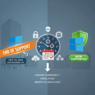 End of support notice for Windows 10 ESU, urging upgrade to Windows 11 or migration to Linux/Cloud.