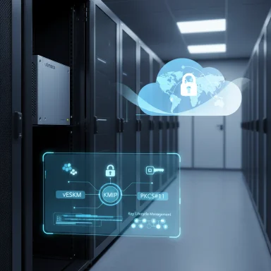 Data center corridor with a holographic display illustrating cloud security and key lifecycle management.