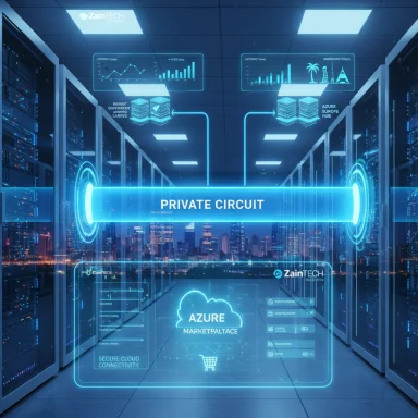 Futuristic data center with neon blue holographic UI showing a private circuit and Azure Marketplace.