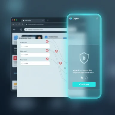 A futuristic browser UI shows a glowing holographic security panel beside a login form.