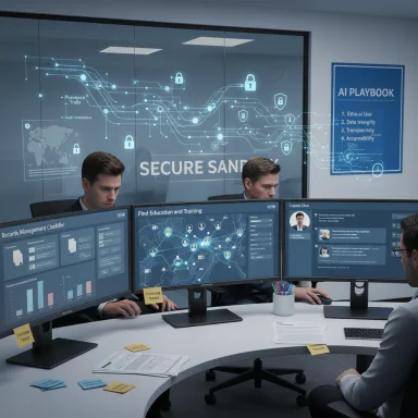 A modern security operations room with multiple monitors displaying network data and AI visuals.