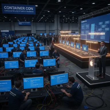 Hundreds attend Container Con, with rows of computers and a speaker presenting on a security-themed stage.