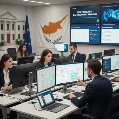 Professionals monitor multiple screens in a Cyprus-EU data protection and AI governance training room.