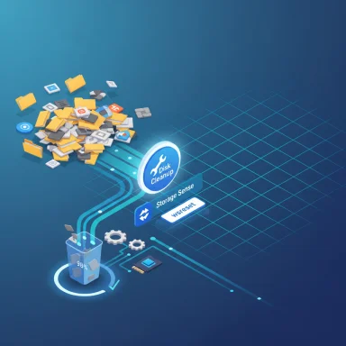 A digital illustration of disk cleanup, showing a pile of files being cleared by Storage Sense.