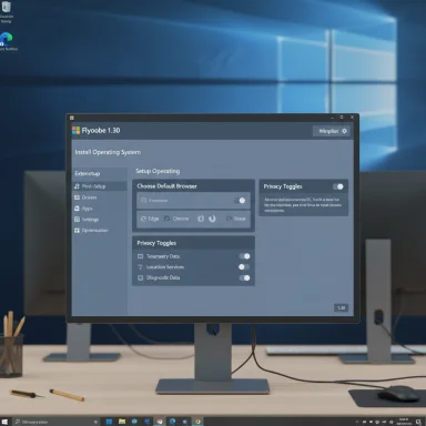 A monitor on a desk displays a setup screen for Flyoobe 1.30.