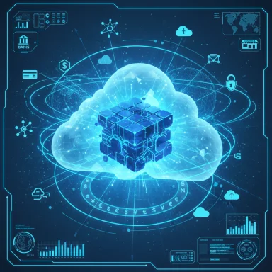 A glowing blue cloud harboring a central stacked cube blockchain, encircled by holographic data HUDs.