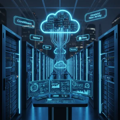 Futuristic data center with neon-blue cloud hub, glowing cables, and holographic dashboards. Futuristic data center with neon-blue cloud hub, glowing cables, and holographic dashboards.