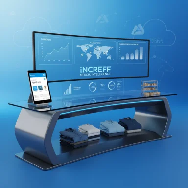 Futuristic retail analytics desk with a large dashboard screen, tablet, and folded clothes on the lower shelf.