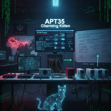Tech lab for APT35 Charming Kitten, featuring multiple monitors, tangled cables, and a glowing holographic cat.