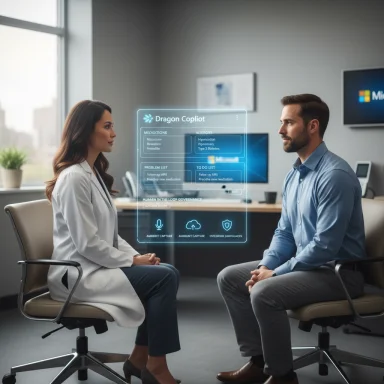 A doctor and patient sit facing a holographic Dragon Copilot medical dashboard.