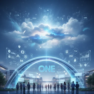 People stand beneath a glowing 'ONE' arch, surrounded by futuristic clouds and holographic data.