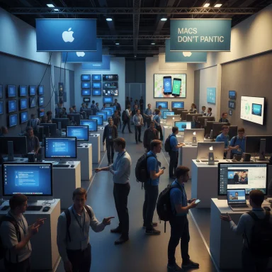 Busy tech expo hall with Apple demo booths and many attendees.