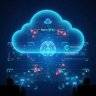 Glowing blue cloud with a neural brain and holographic security interfaces.