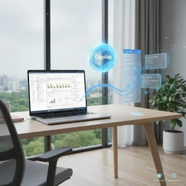 A laptop on a desk with a holographic Copilot interface displaying charts.