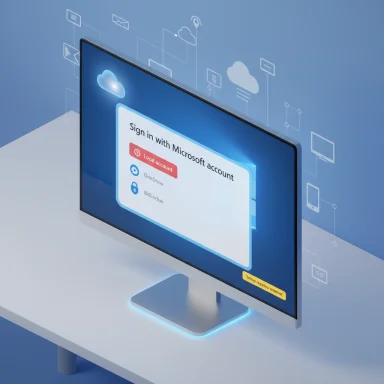 A modern computer screen displays a Microsoft account sign-in panel with local account option.