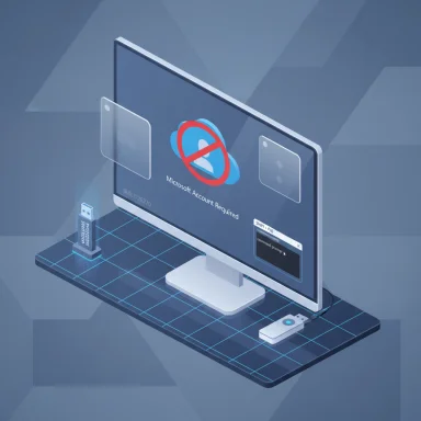 Computer monitor displays Microsoft Account Required with a red no-sign over a cloud icon.