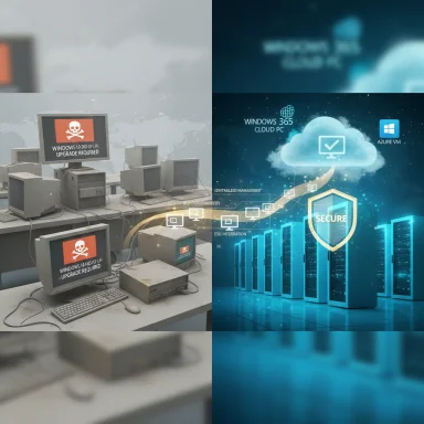 A split image: aging computers with malware warnings beside modern cloud security and data servers.