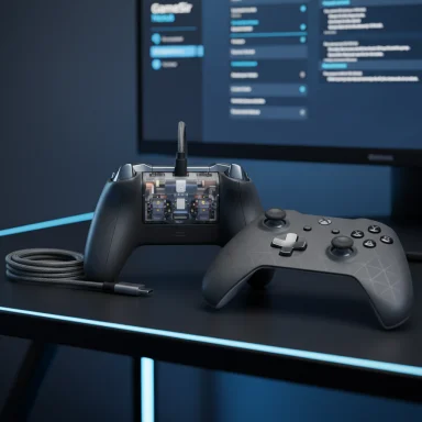 Xbox controller on a desk beside a transparent hardware docking unit, with a monitor in the background.