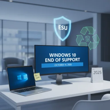 Office desk shows Windows 10 end of support warning with ESU shield and upgrade plan note.
