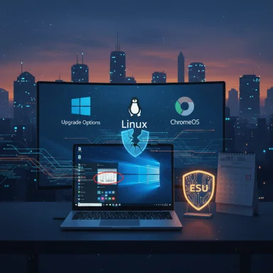 Tech setup with a laptop and monitor displaying Linux, Windows upgrade options, and ChromeOS.
