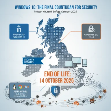 UK infographic warns Windows 10 end-of-life Oct 14, 2025; urges upgrade, updates, and alternatives.