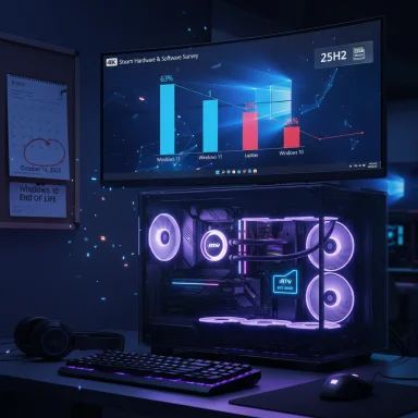An RGB-lit gaming PC with a transparent case and glowing fans sits beneath a monitor displaying a 4K hardware chart.