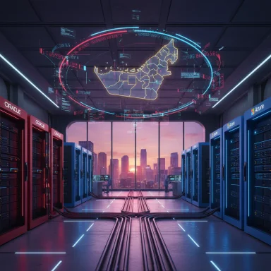 A futuristic data center with red Oracle and blue Azure servers and a holographic map overhead.
