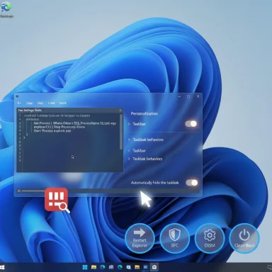 Windows 11 desktop with a code editor window and system maintenance widgets on a blue abstract wallpaper.