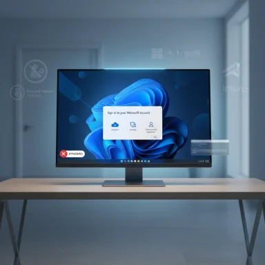 A widescreen monitor on a wooden desk shows a Windows login overlay over a blue abstract wallpaper.