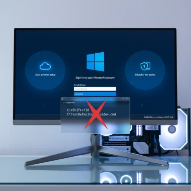Monitor displays Windows sign-in screen with a CMD window crossed by a red X.