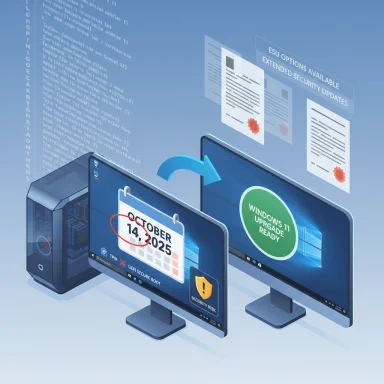 3D illustration of a PC with two monitors showing Windows 11 upgrade ready and security updates.