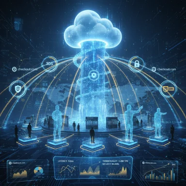 Futuristic cloud computing hub with holographic figures, data streams, and analytics dashboards.