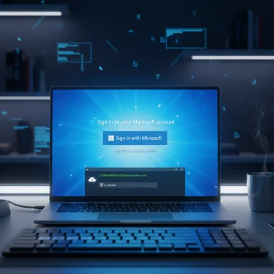 Laptop on a desk shows a Microsoft sign-in screen with a blue glow.
