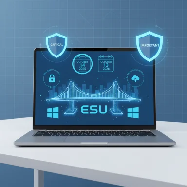 Futuristic laptop screen shows a security dashboard with a bridge and Critical and Important shields.