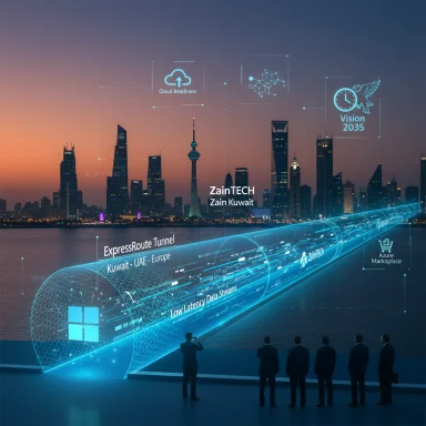 Futuristic skyline with a neon ExpressRoute tunnel linking Kuwait, UAE and Europe.