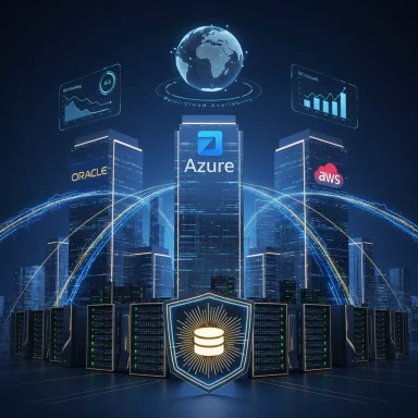 Futuristic multi-cloud data center featuring Azure, Oracle, and AWS with global connectivity and a protective shield.