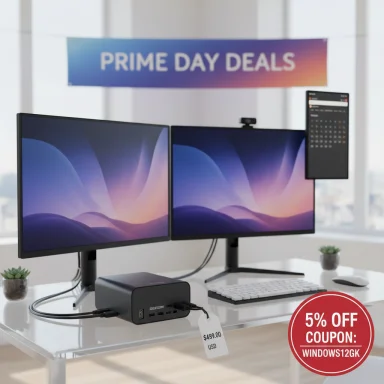 A dual-monitor computer setup on a white desk under a Prime Day banner.