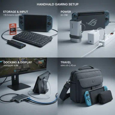 A four-panel handheld gaming setup showcasing storage, power, docking/display, and travel gear.