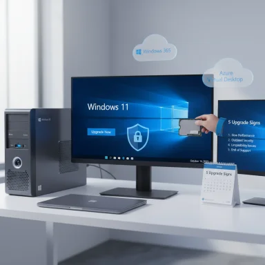 A modern workstation showing Windows 11 on a monitor, with Windows 365 and Azure cloud icons overhead.