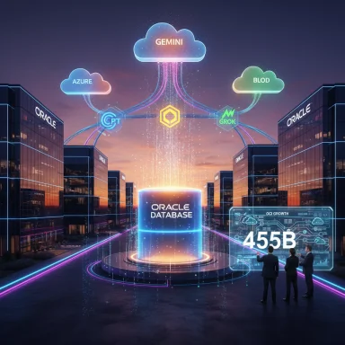 Futuristic Oracle cloud data-center scene with neon cloud icons connected to a glowing Oracle Database hub.